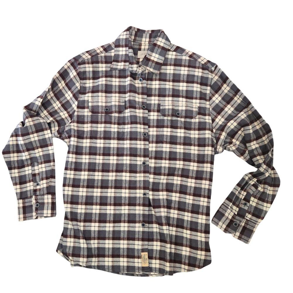 Jachs Mens Plaid Flannel Shirt Gray Burgundy Cream‎ Long Sleeve L 4023